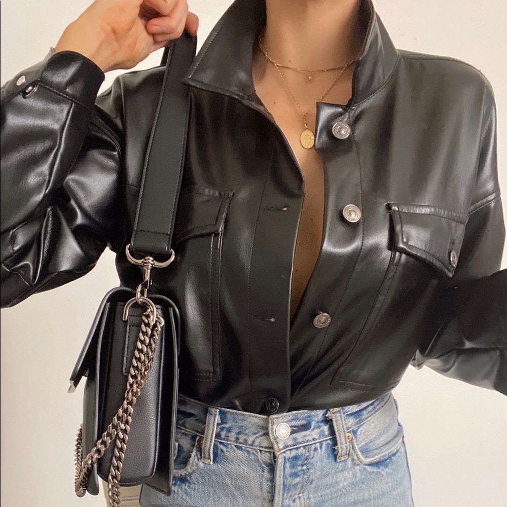 Vegan faux leather button down jacket